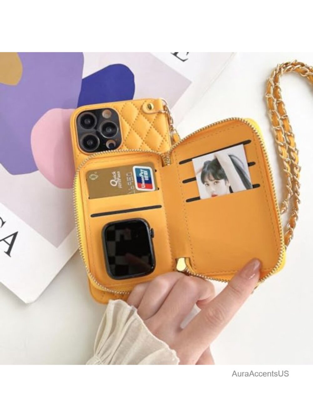 PU Leather Wallet Case for iPhone 16 Pro with Detachable Chain Strap, Card - Picture 3 of 6
